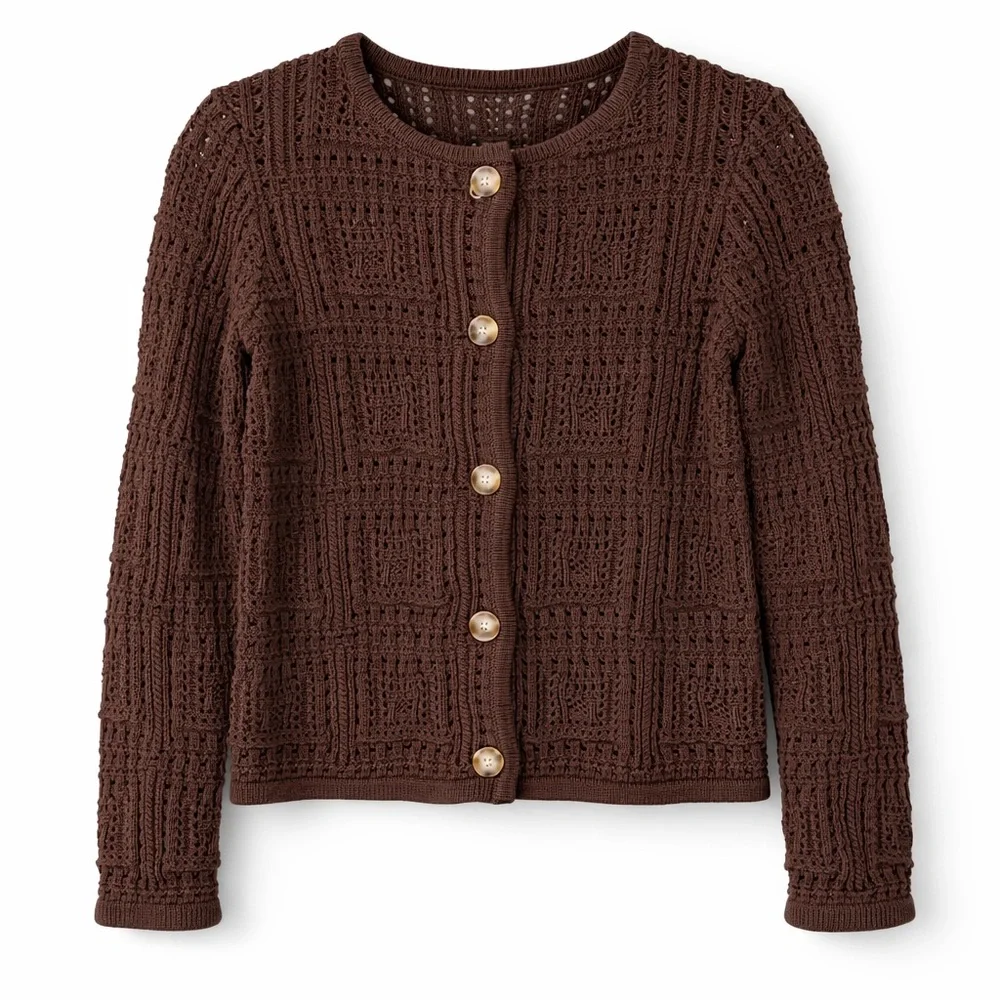 Magaschoni Pointelle Crochet Cardigan Chocolate Brown S NWT - Picture 2 of 7